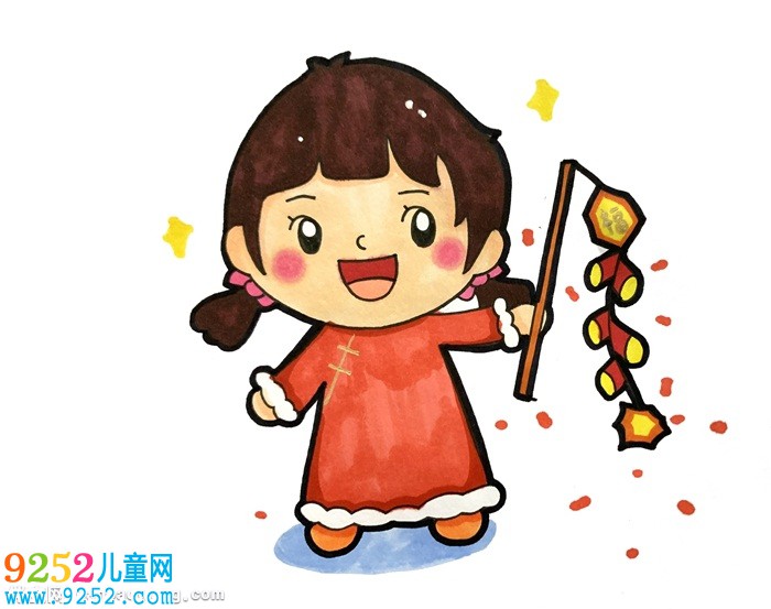 春節(jié)小孩放鞭炮<a href=http://inspiredelm.com/jianbihua/ target=_blank class=infotextkey>簡(jiǎn)筆畫</a>，新年小女孩放鞭炮<a href=http://inspiredelm.com/jianbihua/ target=_blank class=infotextkey>簡(jiǎn)筆畫</a>